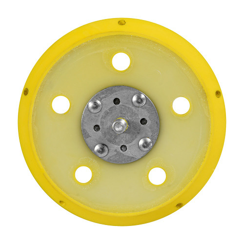 Yellow 5-inch 5-hole medium-density DA sander backing pad, featuring a hook-and-loop surface for standard sanding applications