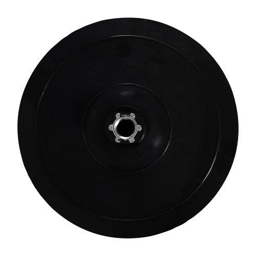 Top view of the black 7-inch solid hook-and-loop back-up pad, detailing the six-star flange nut adapter for 5/8"-11 angle grinders.