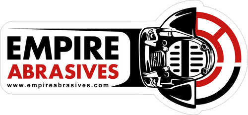 Empire Abrasives V2 angle grinder logo sticker, black, red, and white, 2.32x5 inches