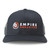 Black Empire Abrasives Snapback Trucker Hat, embroidered with white EMPIRE, orange ABRASIVES, and flap disc logo.