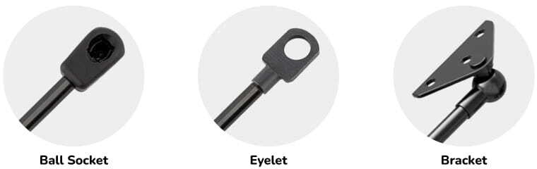 Examples of lift support end types including ball socket, eyelet, and bracket