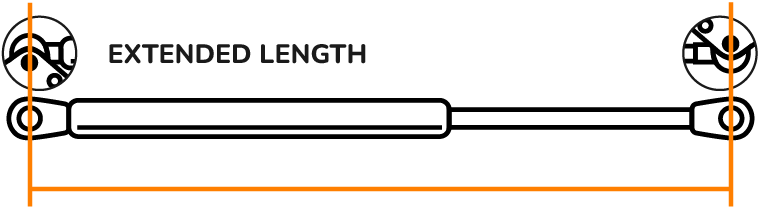 Diagram showing how to measure the extended length of a gas strut