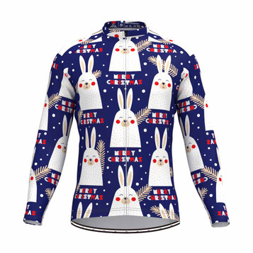 Merry Christmas Cartoon Elk Long Sleeve Cycling Jersey Blue