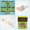 Gift basket for dogs.  Organic dog toys, made in the USA.  Natural hemp canvas and  Certified Organic Cotton. Plastic and Dye free dog toys. This is a unique selection for Larger Dogs:  Large Hemp Fortune Flyer + Large Organic Cotton Tug + Gluten Free Organic Treats