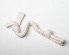 Image shows a very small hand braided organic cotton dog tug toy.  It is white and is displayed against a very pale grey field.  Plastic free natural dog toys by Purrfectplay.  Handmade in the USA.  