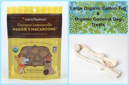 Natural Dog Toy Combinations for Large Dogs - Ready to Give - Eco Friendly - USA Made. Gift Bag for Eco Friendly Dogs: Large Organic Cotton Tug and gluten free natural dog treats. 
