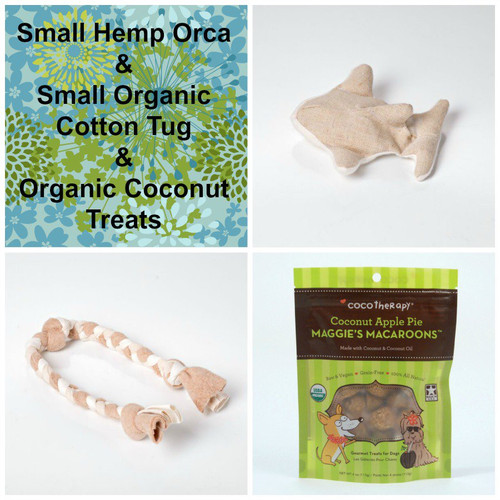 Gift bag for Dogs. Natural Hemp dog toy, organic cotton tug,  and gluten free natural dog treats. Made in the USA.  Eco friendly gift. 