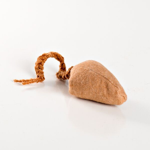 A small brown cotton filled catnip free mouse. It has a brown yarn tail.  These double layer cat toys are filled with only organic cotton. The brown cotton is dye free because it comes from plants that blooms brown. Washable and plastic free.