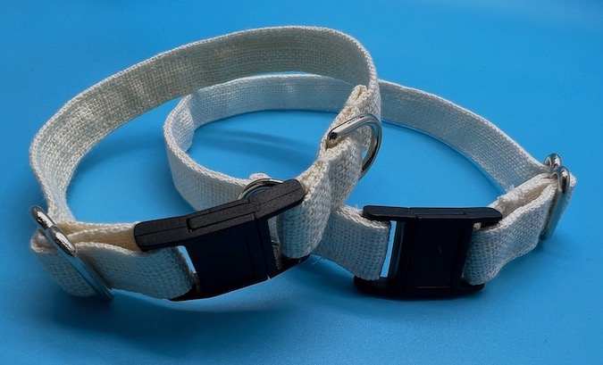 two naturally white hemp cat collars with breakaway buckles