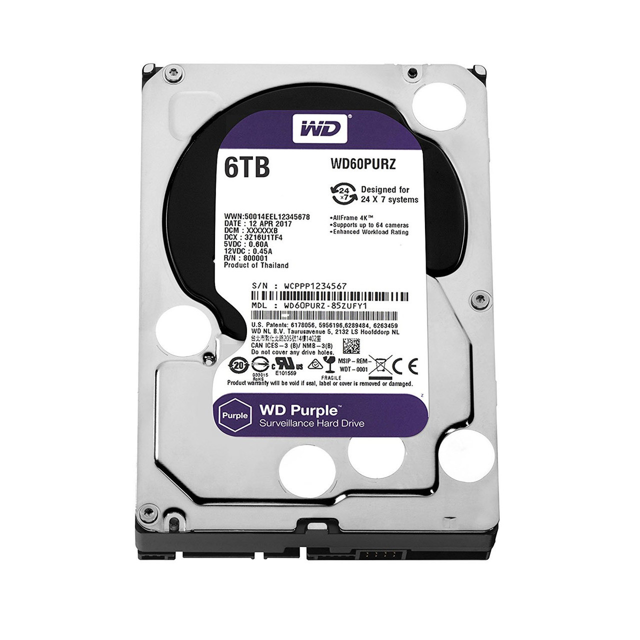 WD Purple 6TB Surveillance Hard Disk Drive - 5400 RPM Class SATA 6Gb/s 64MB Cache 3.5 Inch WD60PURZ