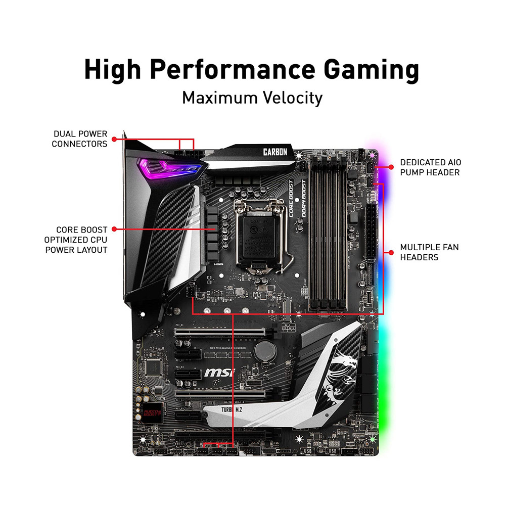 MSI MPG Z390 Gaming PRO Carbon LGA1151 (Intel 8th and 9th Gen) M.2 USB 3.1 Gen 2 DDR4 HDMI DP SLI CFX ATX Z390 Gaming Motherboard