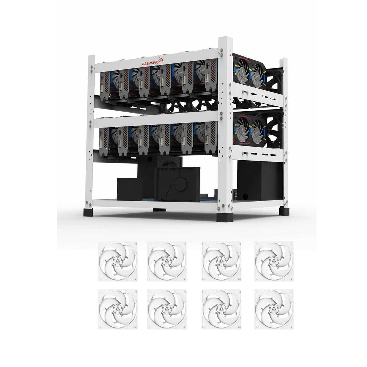 AAAwave 12GPU Open Frame Mining Rig Frame Chassis (White) with 8 packs of  P12 PWM 120 mm Fans (White)