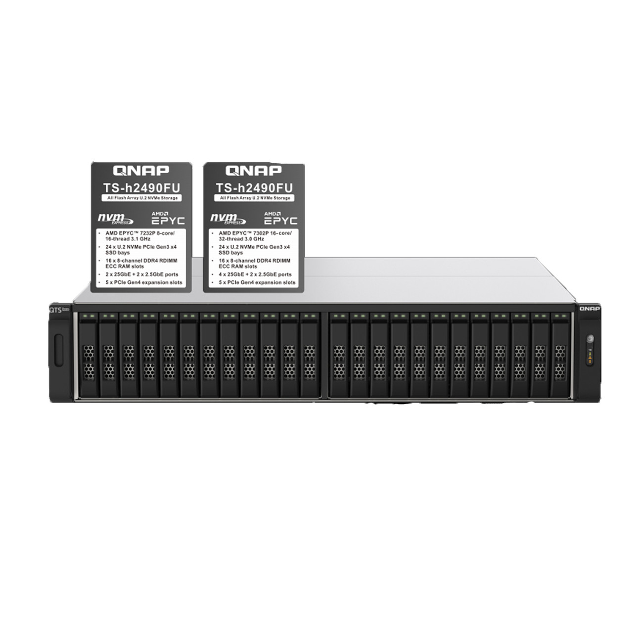 QNAP TS-H2490FU 128G 24-Bay all-flash NAS, NVMe Gen3 x4, AMD EPYC 7302P 3.0GHz, 128GB  RAM, 2 x 2.5GbE LAN