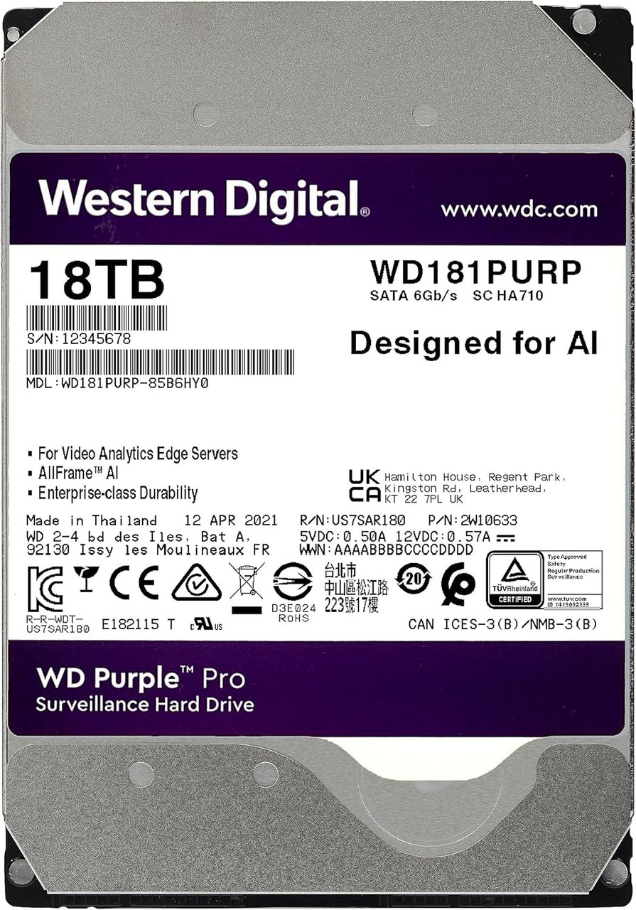 WD Purple Pro Surveillance 18TB Internal Hard Drive HDD - 7200 RPM, SATA 6 Gb/s, 512 MB Cache, 3.5" WD181PURP (Pack of 4)