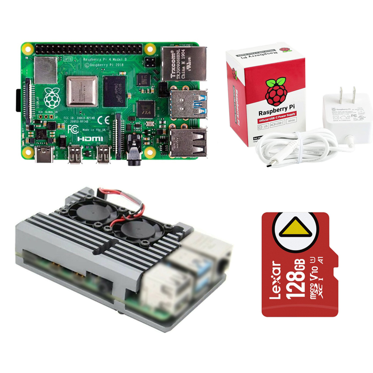 AAAwave Raspberry Pi 4 Model B 8GB microSDXC 128GB w/ Grey Dual-Fan  Aluminum Case and White USB-C Power Supply