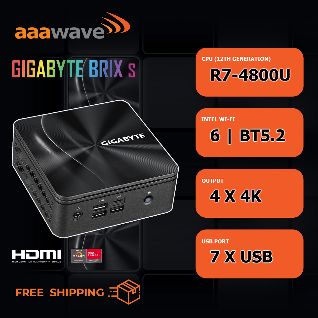 AAAwave Mini PC featuring Gigabyte Brix GB-BRR7H-4800 AMD Ryzen R7-4800U, 2TB SSD NVMe, 64GB RAM, Win11Pro