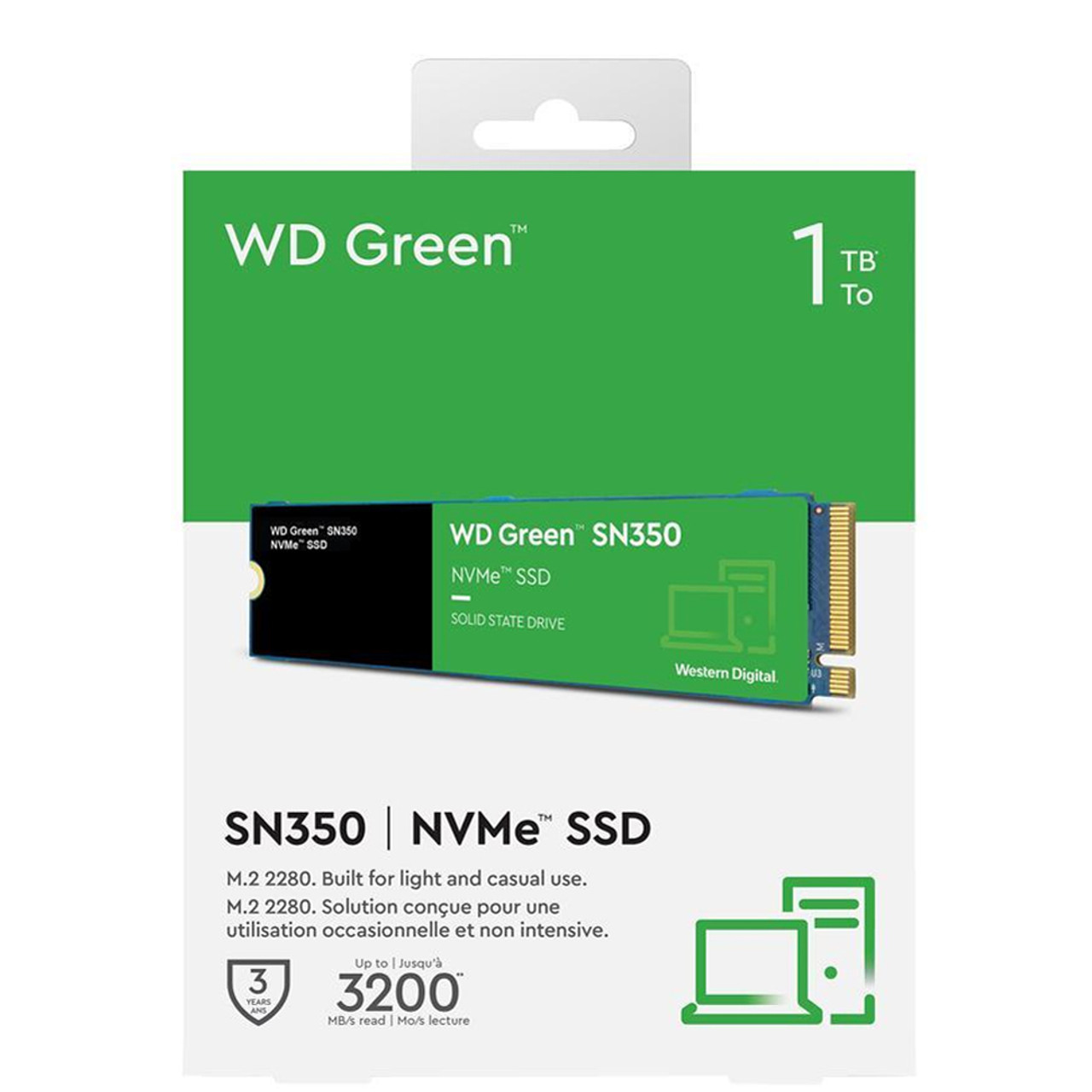 WD Green SN350 1TB NVMe Internal SSD Solid State Drive - Gen3 PCIe, QLC, M.2 2280, Up to 3,200 MB/s WDS100T3G0C