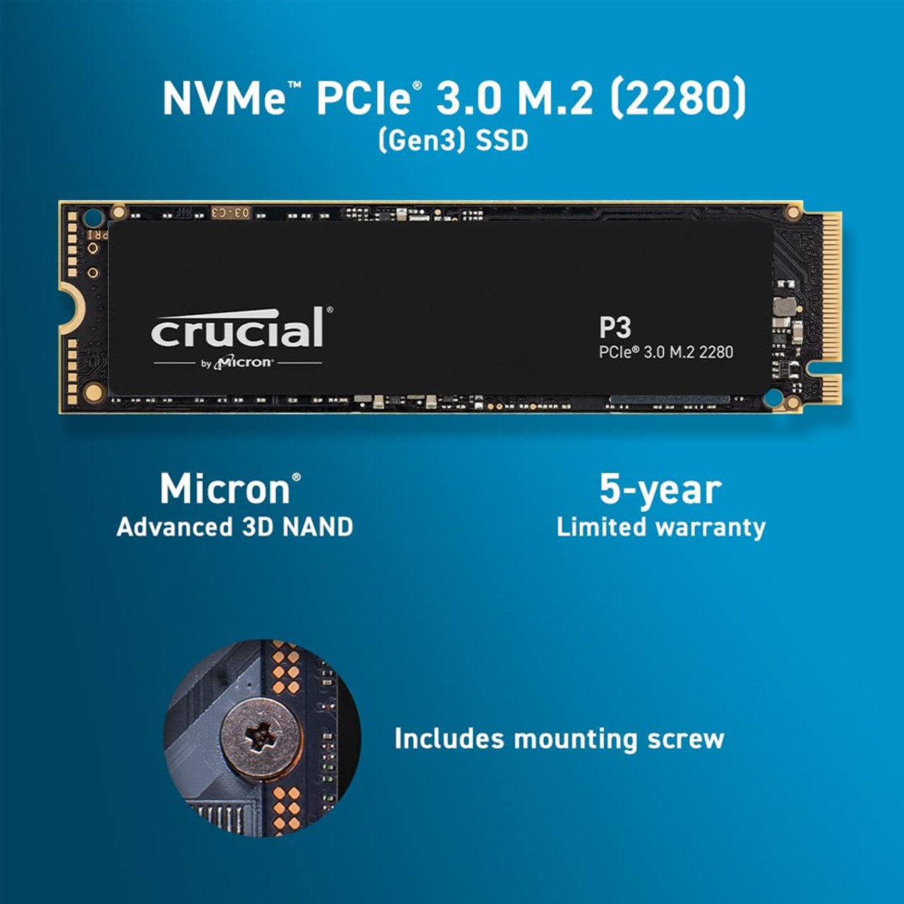 Crucial ‎CT1000P3SSD8 P3 1TB PCIe 3.0 3D NAND NVMe M.2 SSD, up to