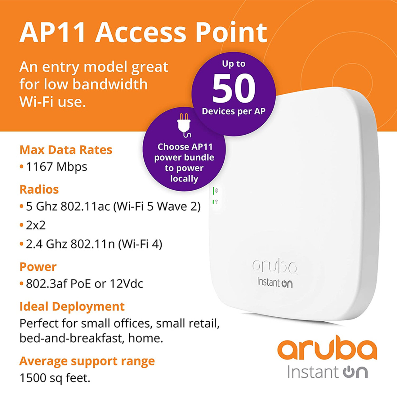 HPE Networking Instant On AP11 2x2 WiFi Access Point | US Model | Power Source Included | R3J21A