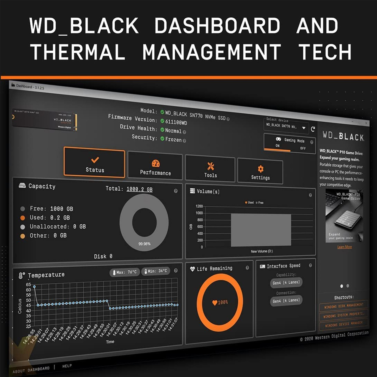 WD BLACK 1TB SN770 NVMe Gen4 PCIe, M.2 2280, Up to 5150 MB/s