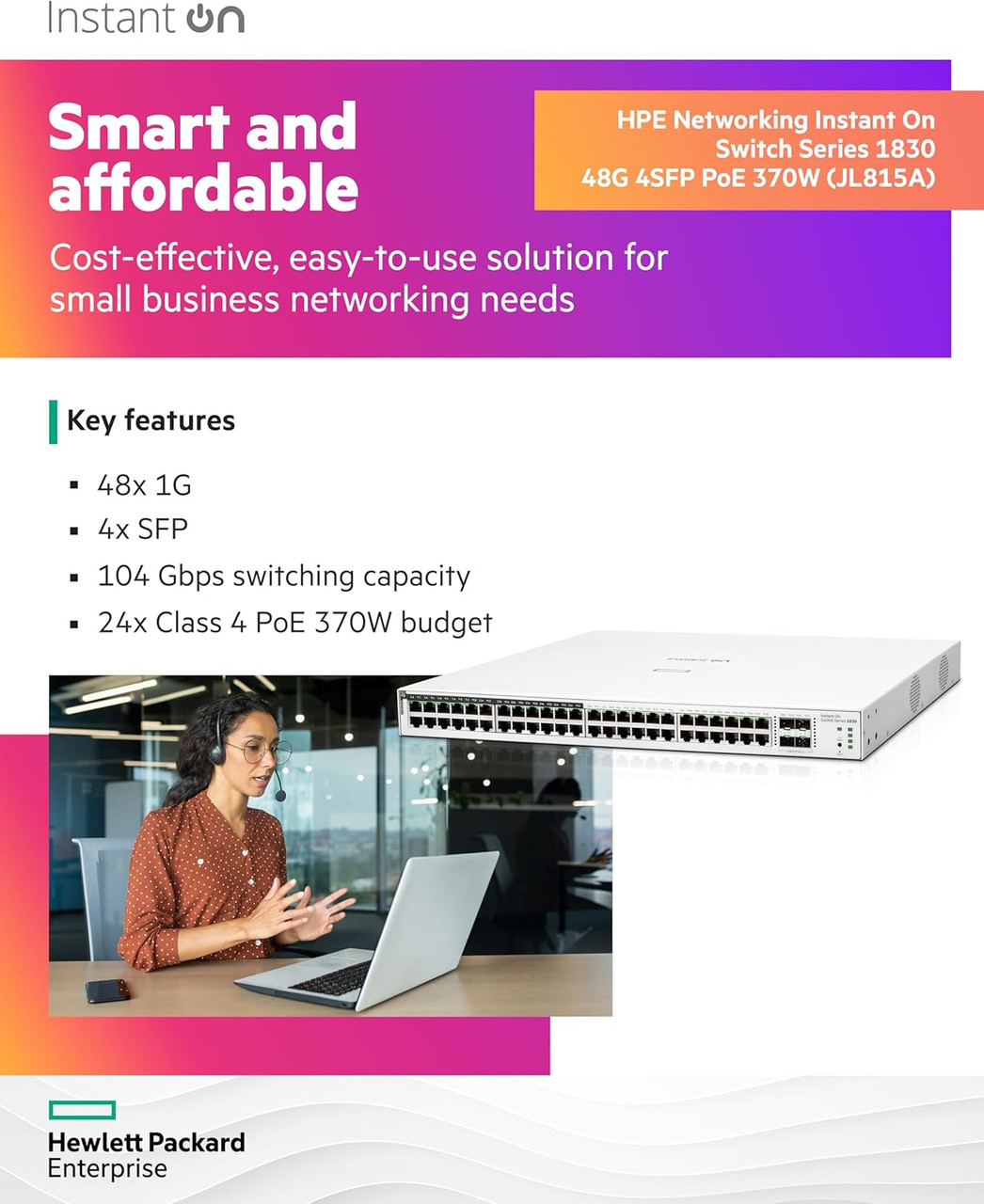 Stacking support allows the connection of multiple switches for increased scalability, bandwidth, and redundancy.