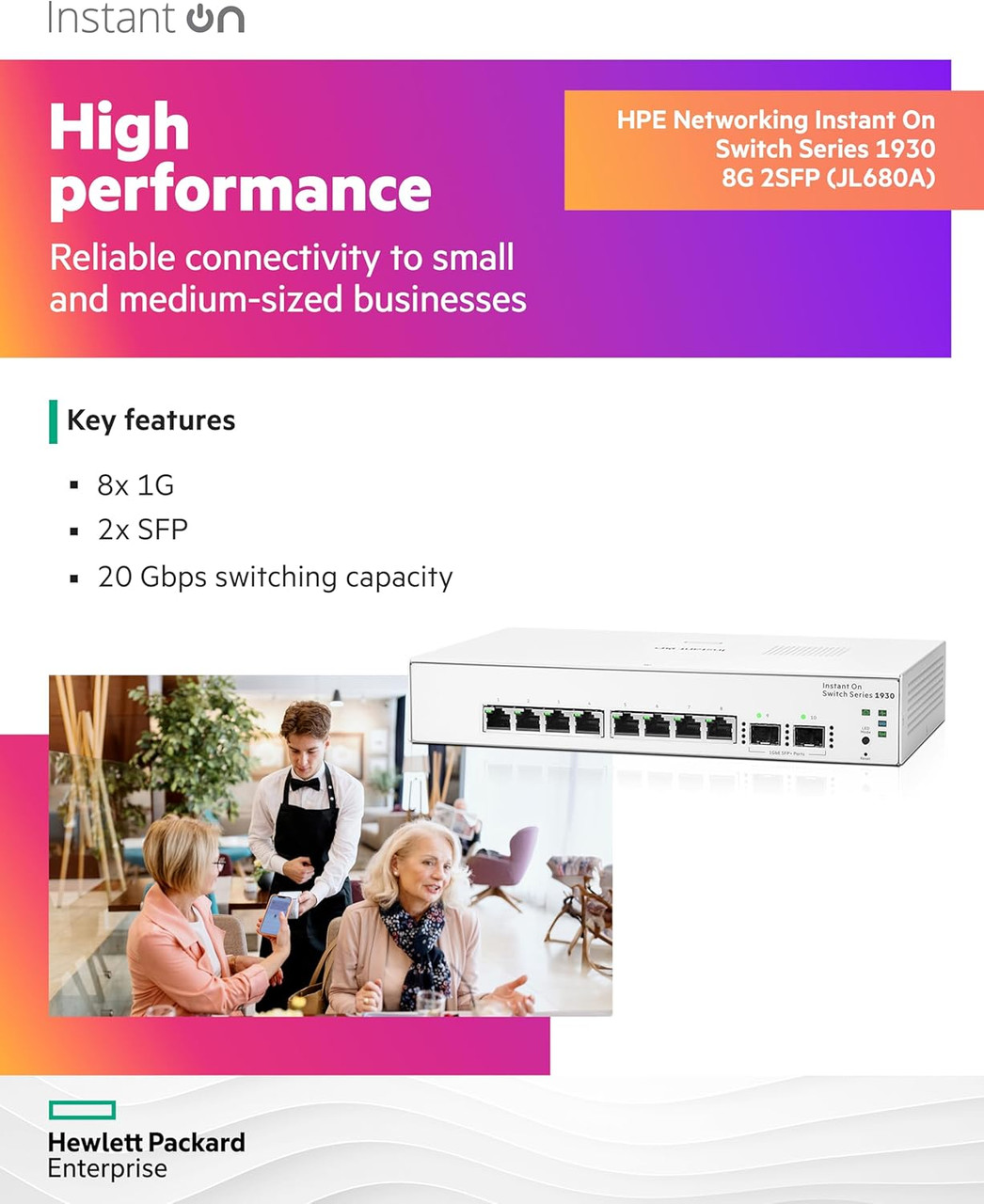 The switch features VLAN support, enabling effective network segmentation to enhance security and optimize traffic management.