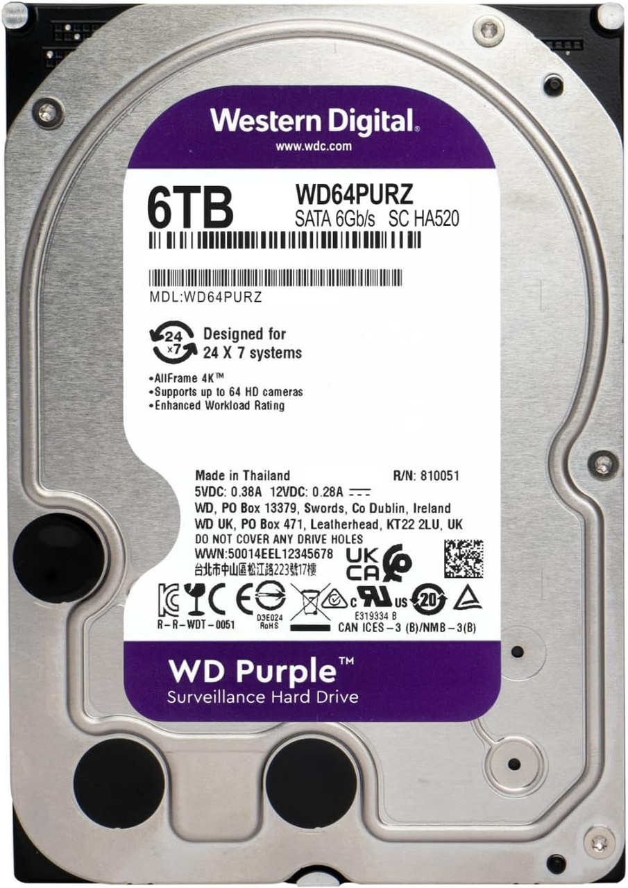 WD 6TB WD Purple Surveillance Internal Hard Drive HDD SATA 6 Gb/s, 256 MB Cache, 3.5" WD64PURZ