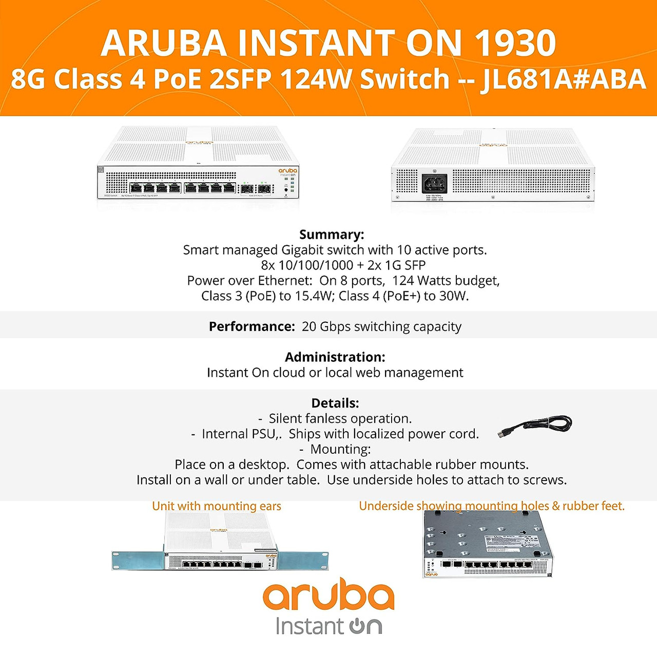 Aruba Instant On 1930 8-Port PoE Gb Ethernet 8xGE PoE (124W), 2X 1G SFP, L2+ Smart Switch US Cord JL681A#ABA