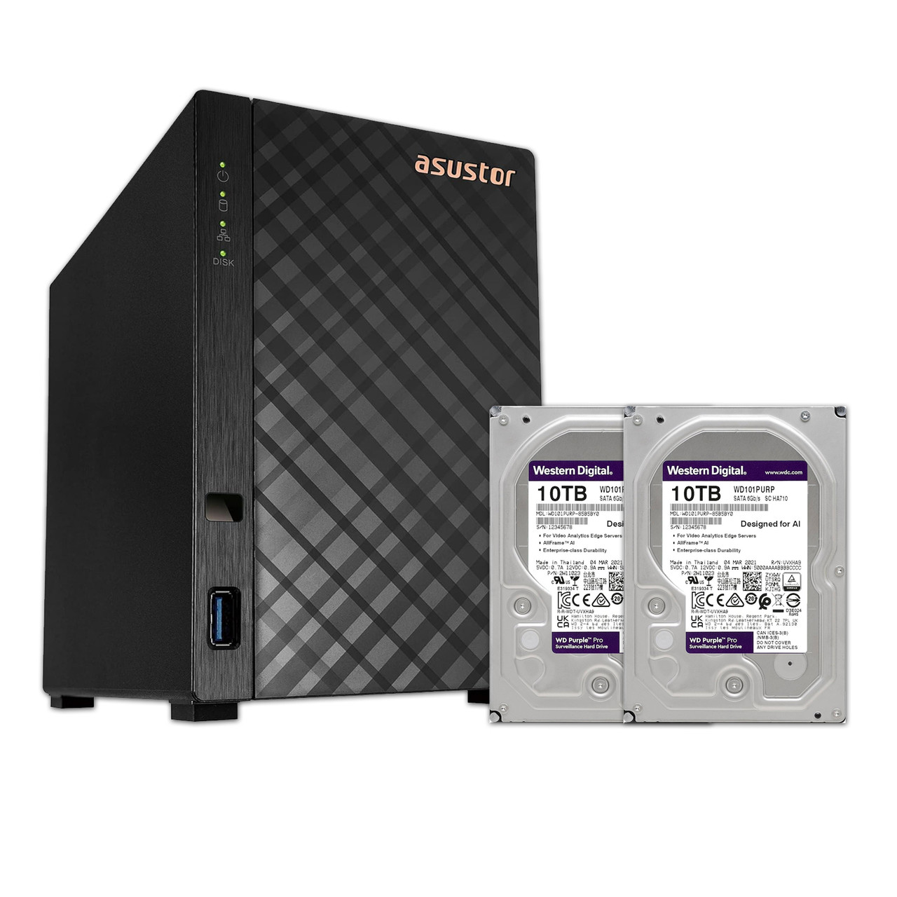 Asustor AS1102T DRIVESTOR 2, Personal 2-Bays NAS, Quad-Core CPU, 2.5GbE Port, 1GB DDR4, Network Attached Storage w/ Dual WD Purple Pro Smart Video Hard Drive 10TB