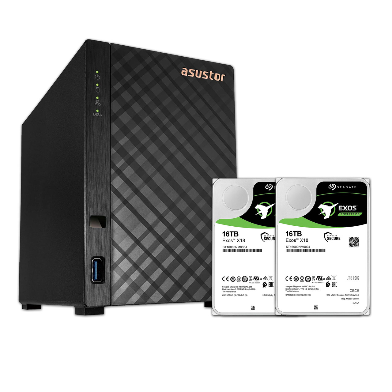 Asustor AS1102T DRIVESTOR 2, Personal 2-Bays NAS, Quad-Core CPU, 2.5GbE  Port, 1GB DDR4, Network Attached Storage w/ Dual Seagate Exos X18 16TB