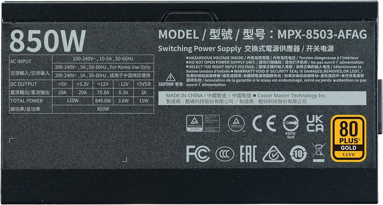 Cooler Master GX III Gold 850W ATX3.0 Full Modular Power Supply, 850W, 80+ Gold, 135mm 1900RPM (MPX-8503-AFAG-BUS)