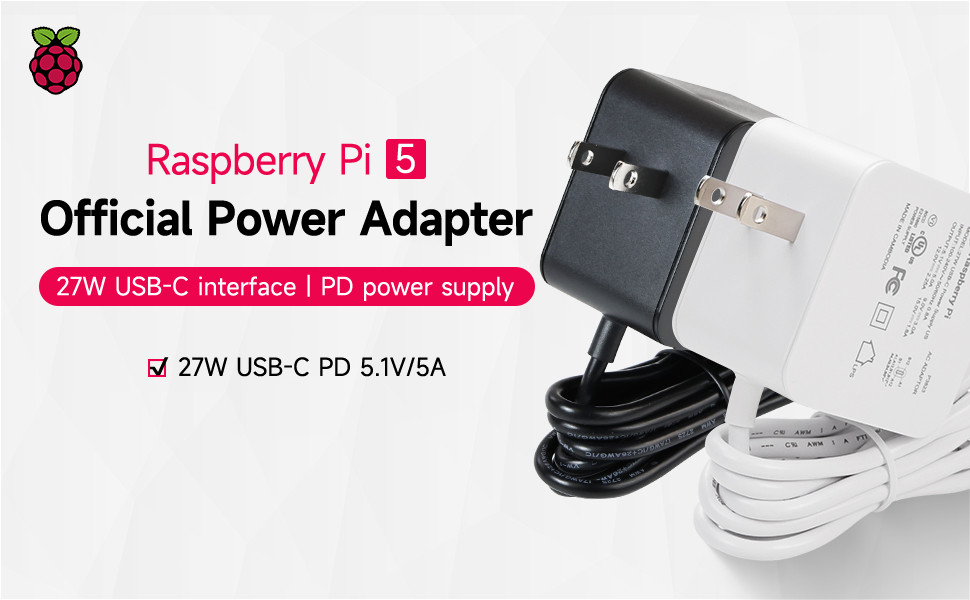Raspberry Pi Power Adapter Pi5 Official Original 27W Power PD Adapter USB-C 5.1V5A Type-C Interface