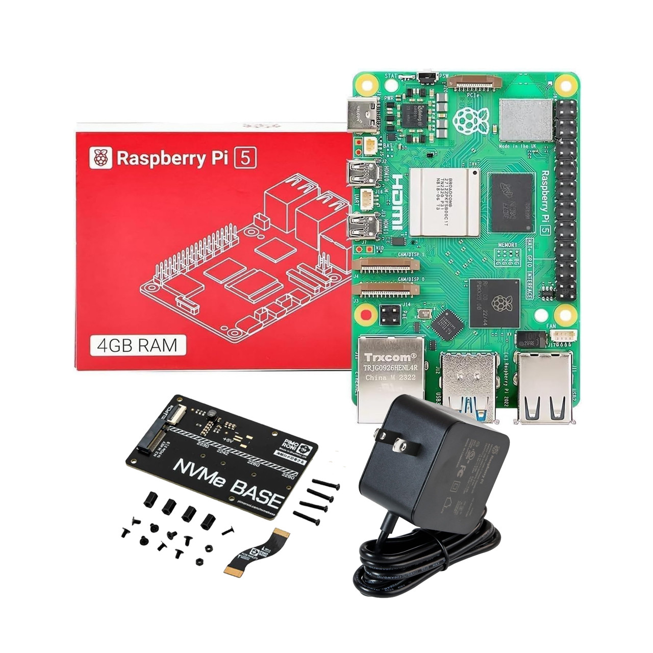 Raspberry Pi 5 4GB Single Board Kit w/ NVMe Base M.2 HAT PCIe Extension and Black Power Adapter Set