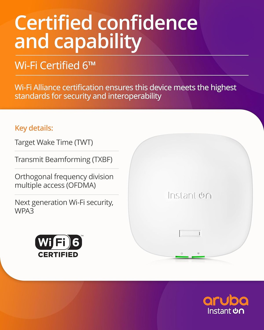 Aruba Instant On AP21 2x2 WiFi 6 Wireless Access Point | Single-Room, Secure, Smart Mesh Support | US Model | Power Source Not Included S1T08A
