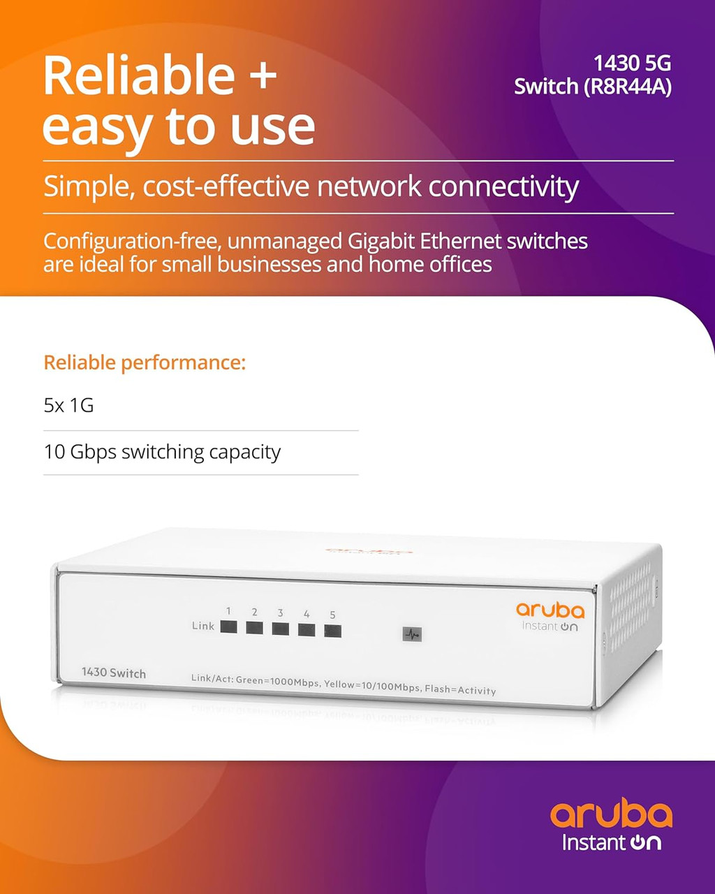 Aruba Instant On 1430 5-Port Gb Unmanaged Layer 2 Ethernet Switch | 5X 1G | Fan-Less | US Cord R8R44A#ABA