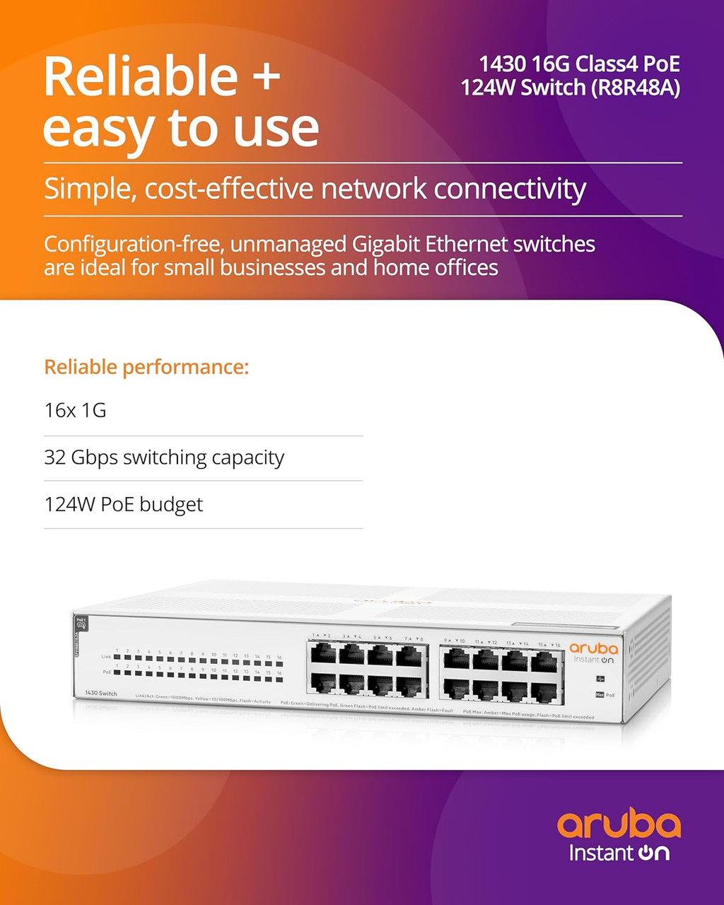 Aruba Instant On 1430 16-Port Gb Unmanaged Layer 2 Ethernet Switch with PoE | 16xCL4 PoE (124W) | Fan-Less | US Cord R8R48A#ABA