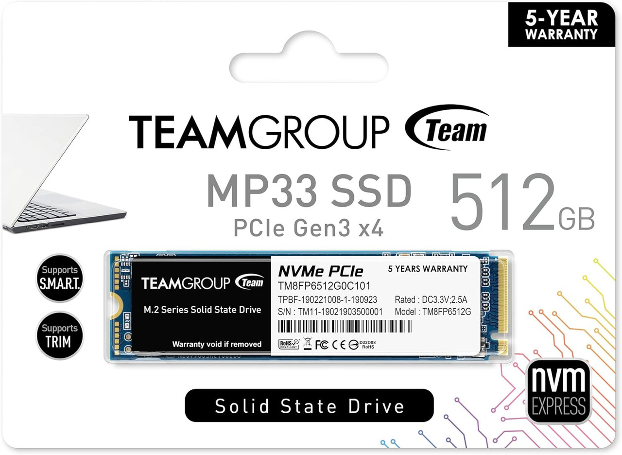 TEAMGROUP MP33 512GB SLC Cache 3D NAND TLC NVMe 1.3 PCIe Gen3x4 M.2 2280 Internal Solid State Drive SSD TM8FP6512G0C101
