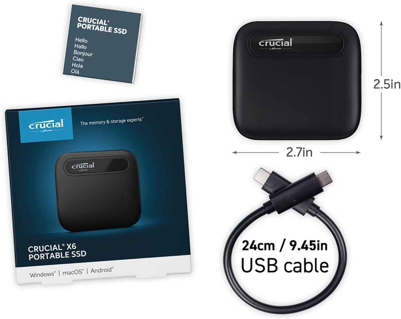 Crucial X6 2TB Portable SSD Up to 800MB/s PC and Mac USB 3.2 USB-C External Solid State Drive CT2000X6SSD9