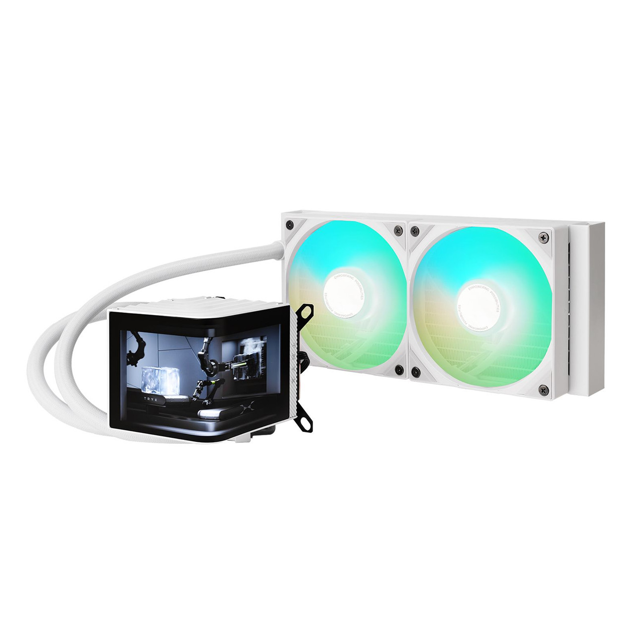 The Tryxz L-P240A-AS2M-G0W PANORAMA ARGB 240 white features a dual-fan design for optimal cooling performance.