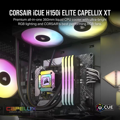 Featuring iCUE integration, the H150i CAPELLIX XT allows for advanced control over fan speeds, pump speeds, and customizable RGB lighting effects.