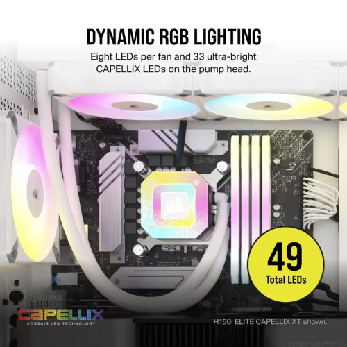 The H100i CAPELLIX XT includes two 120mm fans and a high-performance radiator to provide optimal airflow and cooling under heavy workloads.