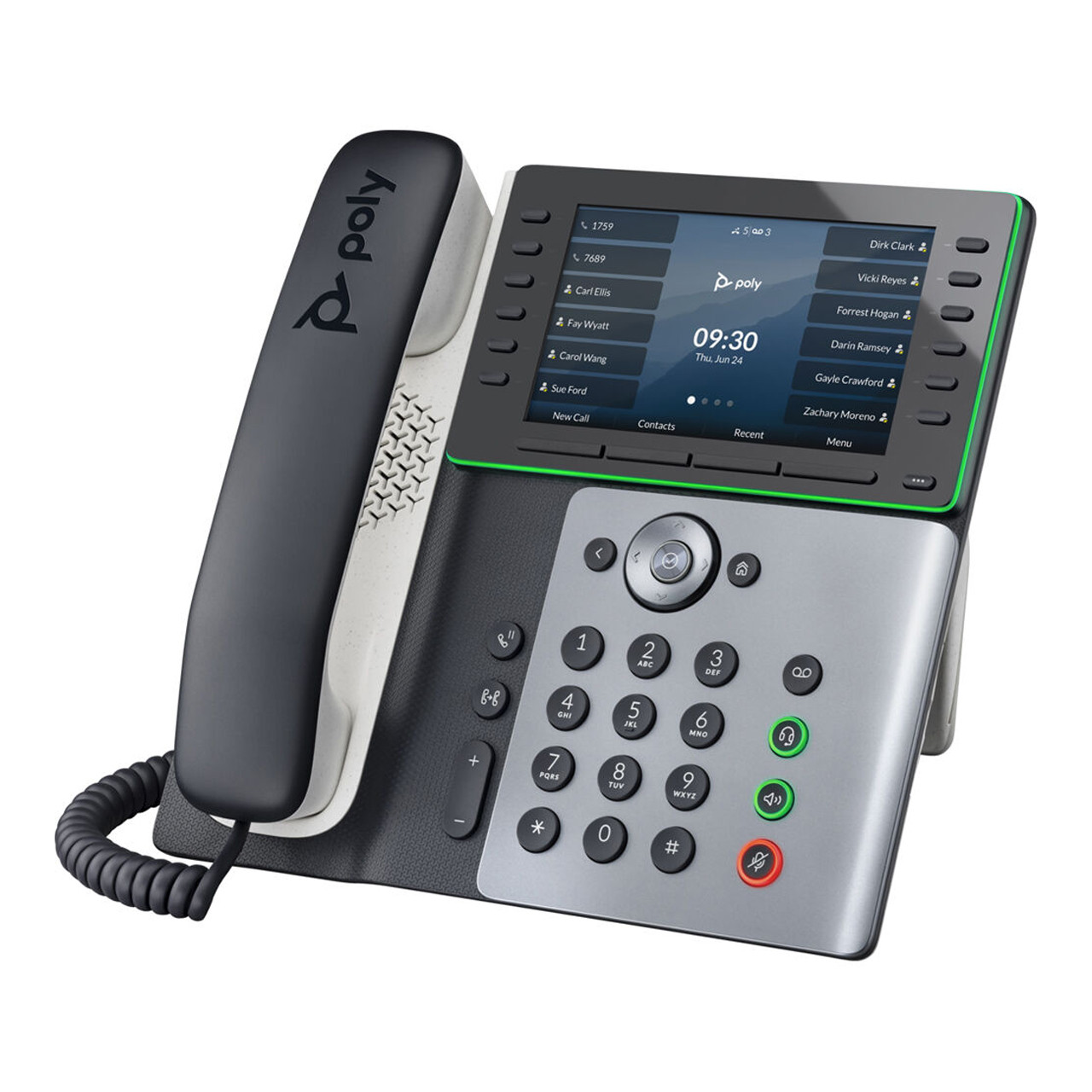 The Poly Edge E500 IP DeskPhone is designed for hybrid work environments, offering 12-line keys and support for up to 48 lines for efficient call management.