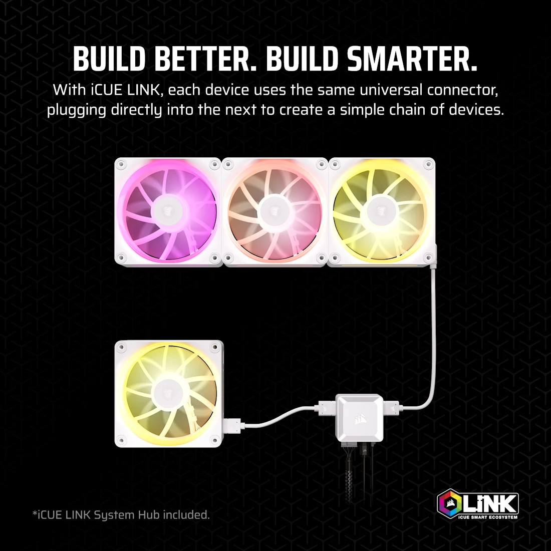 iCUE Link technology allows daisy-chaining fans with a single cable for easy installation and reduced cable clutter.