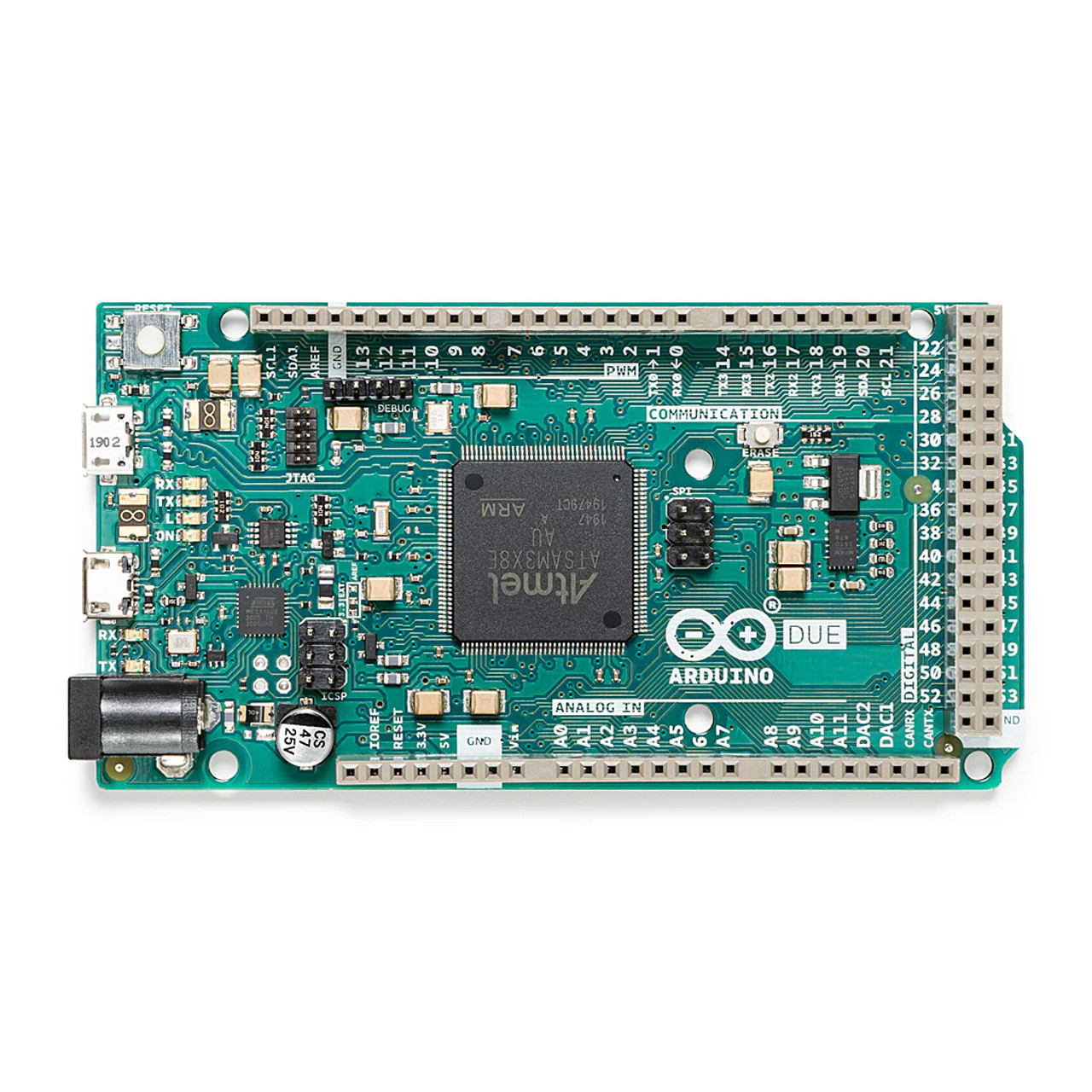 The Arduino Due features a 32-bit ARM Cortex-M3 processor running at 84MHz for fast, high-performance computing.