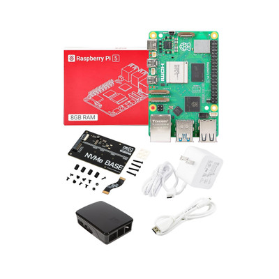 Raspberry Pi 5 8GB Single Board Kit w/ NVMe Base M.2 HAT PCIe Extension, Black-Grey Case, 1M HDMI Cable and White Power Supply