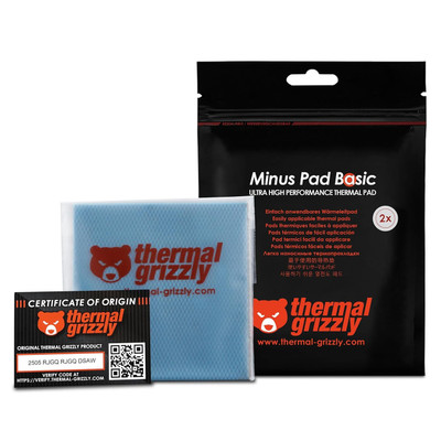 The Thermal Grizzly Minus Pad Basic 2-Pack (100x100x1.5mm) offers superior thermal conductivity, ensuring efficient heat dissipation for SSDs, GPUs, and various electronics.