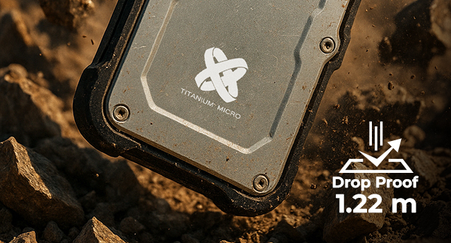 Rated to survive drops from 1.22 m,Titanium One features a shock-absorbent bumper and rugged aluminum shell that safeguard your data from accidental falls, bumps, and everyday mishaps. Carry it with confidence in your bag or pocket, knowing your files are always protected.