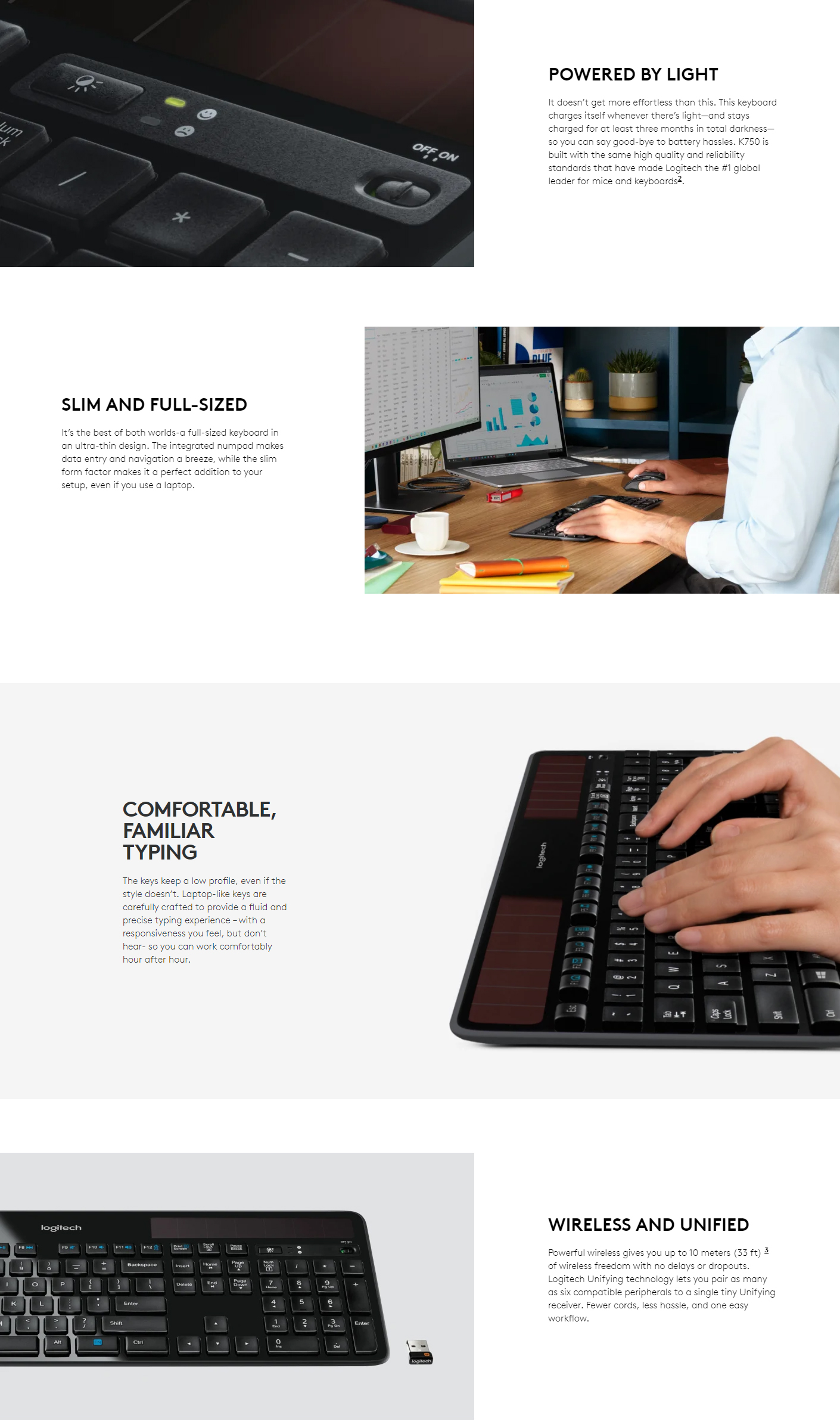 K750 WIRELESS SOLAR KEYBOARD, Ultra-slim and solar powered keyboard