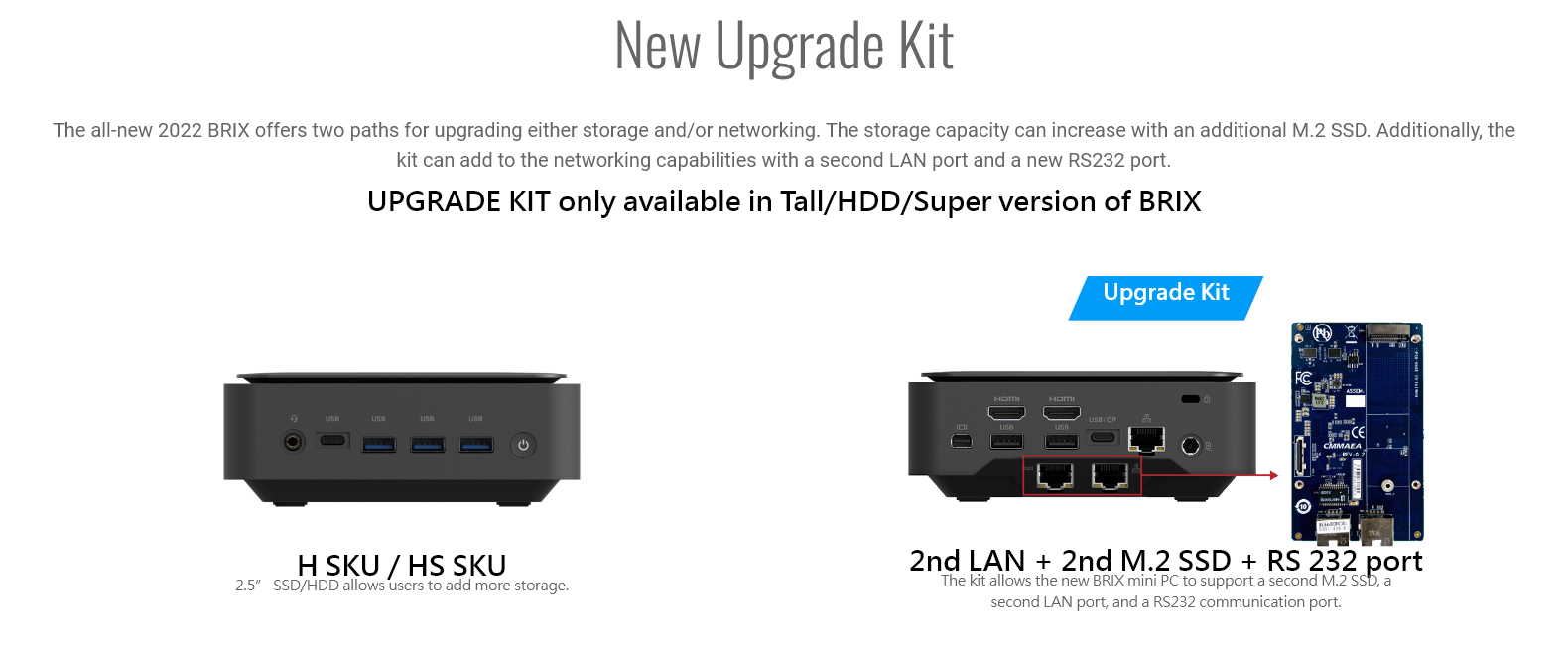 The all-new 2022 BRIX offers two paths for upgrading either storage and/or networking. The storage capacity can increase with an additional M.2 SSD. Additionally, the kit can add to the networking capabilities with a second LAN port and a new RS232 port.