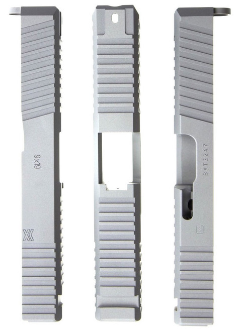 Enhanced Gripper Slide Cut Machining for Glock Slide by Battle Werx, Glock Front Slide Serrations, Enhanced Glock Rear Slide Serrations, 45 degree corner chamfers. Top Glock slide serrations.